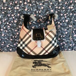 Burberry Beige Plaid Hobo with Black Patent Trim